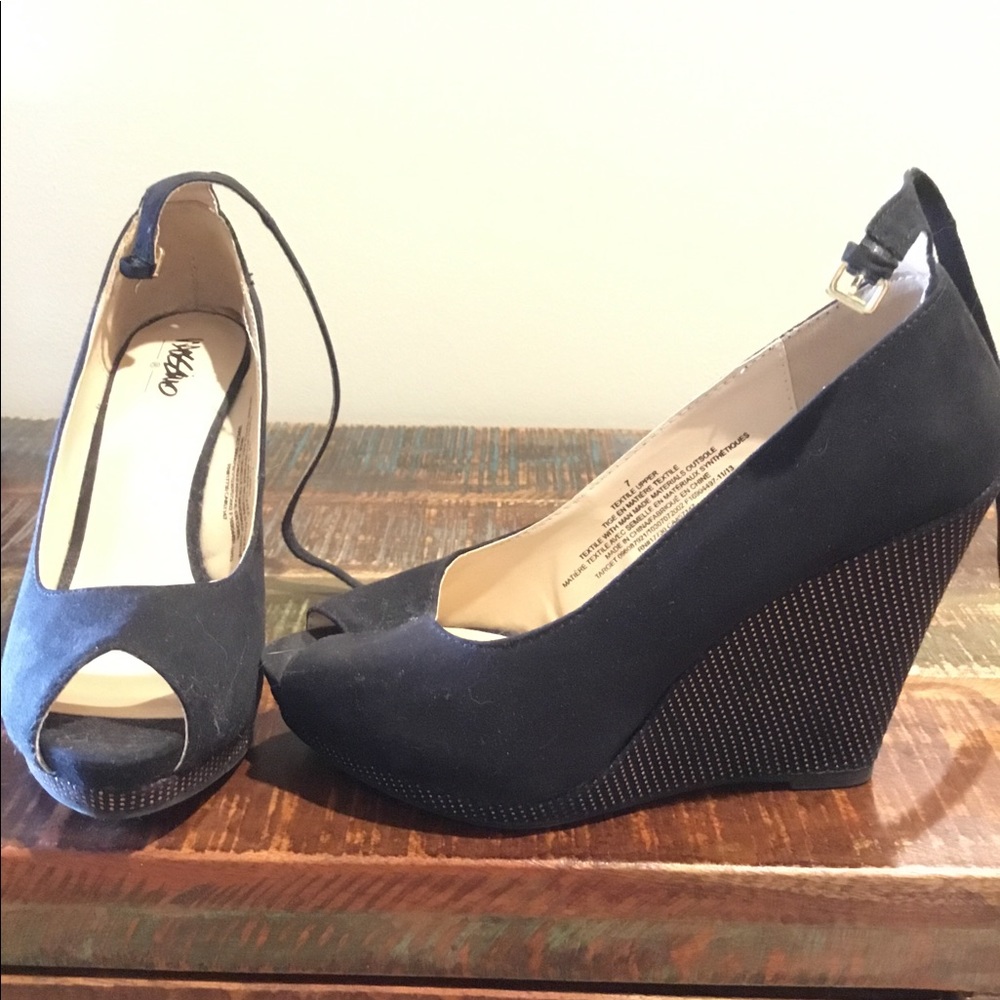 Massimo wedges with gold detailing on heel and strap around ankle